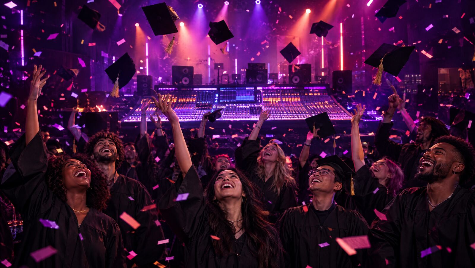 Graduates throwing their caps in a venue lit in violet and magenta