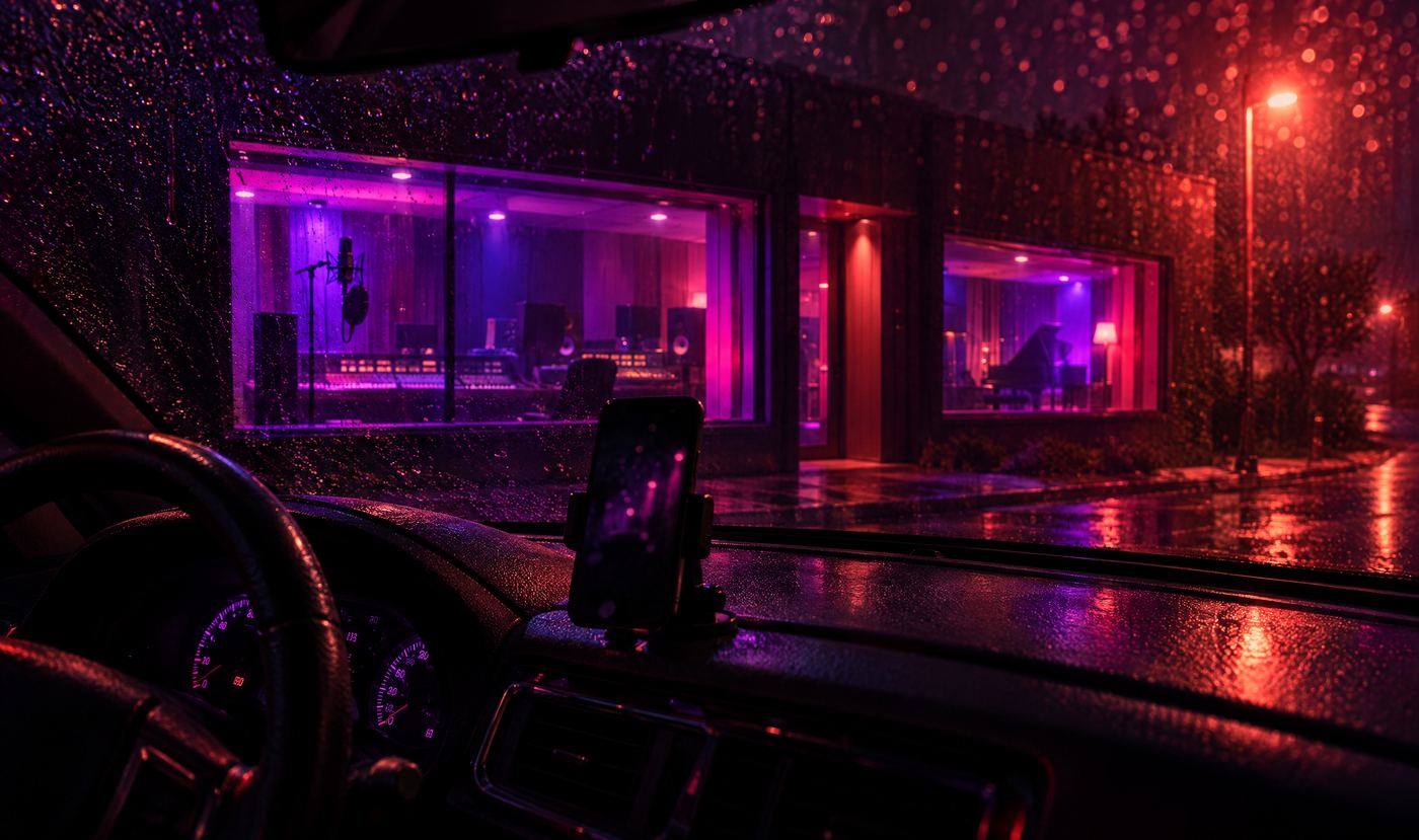 A car at night parked outside a glowing studio
